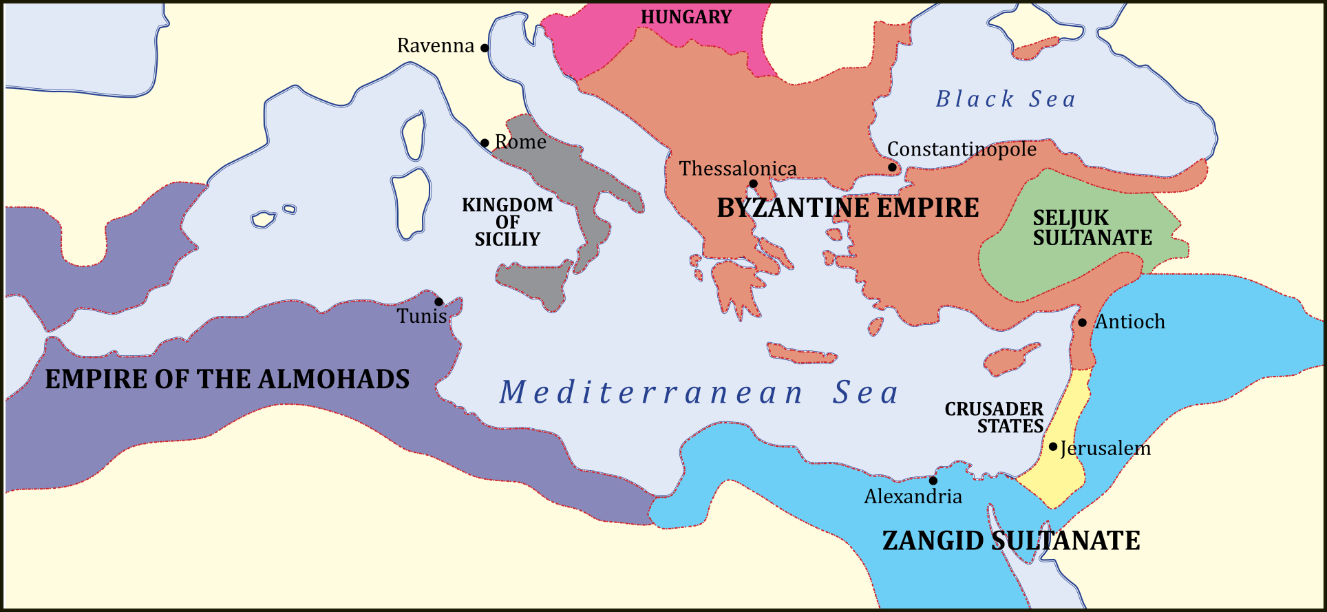 Byzantine Empire (in orange) c. 1180, at the end of the Komnenian period.